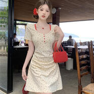 FSHE女裝度假風(fēng)短袖碎花顯瘦長短裙子氣質(zhì)夏季法式收腰連衣裙 短裙【不露背】 L