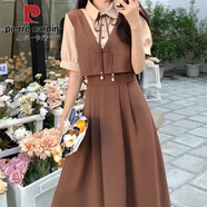 皮爾卡丹（pierre cardin）學(xué)院風(fēng)假兩件連衣裙夏季新款復(fù)古氣質(zhì)胖m妹收腰顯瘦韓系連衣裙 卡其款【同款】#收腰設(shè)計(jì) S 配領(lǐng)帶【建議80-90斤】