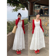 HUALIN FASHION廣州十三行韓系蕾絲吊帶裙中長款連衣裙紅色開衫氣質(zhì)大碼法式打底 吊帶裙 M