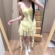 衣然呈品連衣裙女夏季新款美式高街潮牌荷葉邊拼接掛脖吊帶不規(guī)則短裙子女 黃色連衣裙 XL 【建議120-135斤】