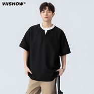 viishow日系簡(jiǎn)約假兩件V領(lǐng)短袖T恤男夏新款休閑百搭情侶半袖體恤 黑色 M