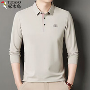啄木鳥(niǎo)冰絲長(zhǎng)袖t恤男翻領(lǐng)POLO體恤衫中年寬松秋衣免燙爸爸裝男打底上衣 卡其綠色-長(zhǎng)袖 3XL (185) 建議165-179斤