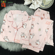 萌趣鯊卡通波點(diǎn)HelloKitty新款睡衣女夏季棉紗短袖可外穿大碼套裝家居服 HelloKitty M 女【建議80-100斤】