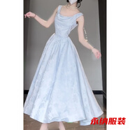 萱圖婭法式溫柔收腰顯瘦白月光長禮服裙夏季新款甜美氣質(zhì)吊帶連衣裙 藍色連衣裙 L