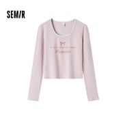 森馬（Semir）【甜心女高】長(cháng)袖t恤女短款緊身蕾絲花邊上衣24新款甜美印花外穿 粉紅60001 XL