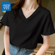 真維斯（JEANSWEST）V領正肩短袖t恤夏季2025新款純棉正肩體恤夏日穿搭小個子半袖上衣 黑色 純色 2XL