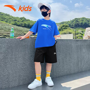 安踏男童運動(dòng)套裝夏裝冰絲速干短袖短褲兩件套T恤五分褲兒童衣服 藍T黑褲7115 140