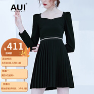 AUI歐美風女裝黑色連衣裙女2022秋季新款法式方領小個子泡泡袖裙子 黑色 S