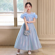 奧蒙威新款女童夢(mèng)幻甜美高級(jí)晚禮服裙兒童高端走秀主持人鋼琴演奏演出服 藍(lán)色 120