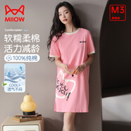 貓人（MiiOW）100%純棉睡裙睡衣女士家居服圓領(lǐng)舒適透氣簡約春夏套頭短袖可外穿 涂鴉小貓粉 櫻花粉 XL 推薦（120-140斤）