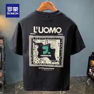羅蒙（ROMON）夏季ins潮牌t恤男寬松薄款發(fā)泡印花休閑體恤男百搭涼感圓領(lǐng)短袖男 1098黑色T恤 M 碼 80-100斤
