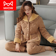 貓人（MiiOW）睡衣女士冬天三層加厚純棉夾棉棉襖秋冬季冬款家居服保暖全棉套裝 8812柚黃-三層加厚夾棉-外純棉- M 160(：體重90-110斤)