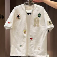 凱普蒂夏季刺繡t恤男潮牌痞帥高檔短袖寬松男士大碼新款帥氣輕奢上衣 白色 【刺繡款】 XL 【120-135斤】 【刺繡款尺碼】】