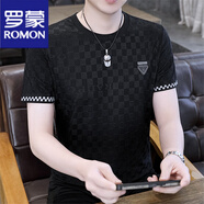 羅蒙（ROMON）男士冰絲短袖T恤夏季休閑百搭透氣提花打底半袖體恤潮牌男裝上衣 DX868倒三角-黑色 M