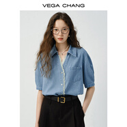 VEGA CHANG牛仔襯衫女2025新款夏設(shè)計(jì)感拼接蕾絲花邊休閑上衣外套 牛仔藍(lán)（短袖） L