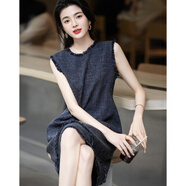 德瑪納【復古女性樂(lè )章】春秋毛須裝飾無(wú)袖背心裙A字后中拉鏈女式連衣裙