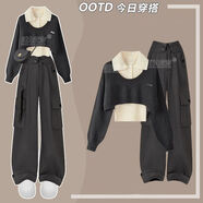 燁聆冬天衣服女套裝冬季大碼女裝全套高級(jí)冬裝搭配一整套微胖女生穿搭 灰毛衣杏背心灰工裝褲 三件套 M 建議80-100斤