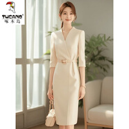 啄木鳥法式正式場合西裝連衣裙2025夏季新款氣質(zhì)獨特超好看職業(yè)女神裙子 杏色【高品質(zhì) 送腰帶】 2XL 建議130-145斤