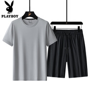 花花公子（PLAYBOY）軍綠色冰絲速干短袖t恤男士夏季短褲運動套裝大碼寬松軍訓體能服 888淺灰套裝 M