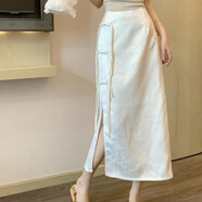 月半晴（YUEBANQING）2025新中式國風(fēng)盤扣百搭氣質(zhì)開叉裙夏季新款復(fù)古高腰顯瘦百搭洋氣 杏色 M 90/105斤