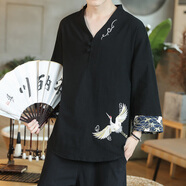 管先生中國風男裝亞麻七分袖T恤刺繡棉麻夏裝上衣寬松大碼新中式苧麻t恤 YM912黑色 5XL