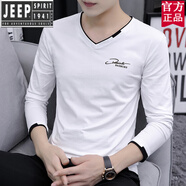 吉普（JEEP）官方品牌純棉男士夏季薄款上衣長袖t恤雞心領(lǐng)小衫丅土早秋衣服體 官方旗艦5003白色 M