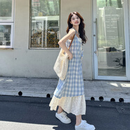 小野七天度假風(fēng)新品假兩件連衣裙女2025春夏季氣質(zhì)法式純欲吊帶背心裙 藍色格子 M 建議101-110斤