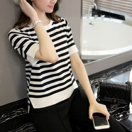 南極人（Nanjiren）夏裝寬松條紋短袖女裝潮大碼韓版打底衫開(kāi)叉上衣拼色T恤 白色邊 M