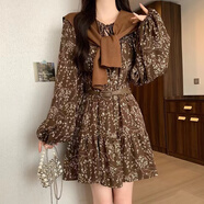 FSHE茶歇法式黑色碎花連衣裙女款2025年新款春季小個(gè)子氣質(zhì)超好看短裙 咖色 S 80-100斤