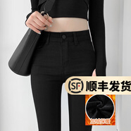 幻黛 加絨牛仔褲女秋季新款小腳褲修身顯瘦加厚鉛筆褲 黑色長褲加絨 28