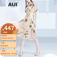 AUI 雪紡連衣裙女夏2023新款性感露肩時(shí)尚氣質(zhì)輕熟荷葉邊V領(lǐng)碎花裙 花色 S