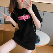 曼蓄短袖t恤女2025夏季新款寬松休閑百搭遮肉顯瘦印花中長(zhǎng)款圓領(lǐng)半袖 黑色【DENUMS】 L