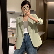 小憨鹿女士無(wú)領(lǐng)西裝小外套七分袖女短款2025春夏新款小個(gè)子休閑收腰薄款 淺綠色 S 80-105斤