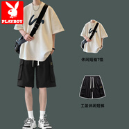 花花公子（PLAYBOY）冰絲短袖t恤男士夏季潮牌痞帥寬松一套搭配休閑套裝男款 白衣+黑褲【套裝】 M