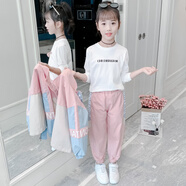 卡兔藍貓童裝女童兒童套裝春秋裝中大童外套長(cháng)袖T恤褲子三件套小女孩衣服3 拼接字母三件套 140