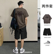 AEMAPE夏季套裝男日系短袖t恤男美式潮牌印花INS寬松潮流休閑工裝短褲 咖啡色T恤+黑色工裝短褲[純棉高質量] 3XL （建議165-180斤）