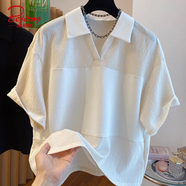 北極絨（Bejirog）胖mm加大碼300斤拼接V領(lǐng)POLO衫上衣女短袖顯瘦百搭翻領(lǐng)T恤夏季 米色R760 L 80-120斤