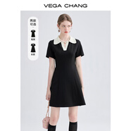 VEGA CHANG高級(jí)感連衣裙女夏季小個(gè)子撞色POLO領(lǐng)英倫風(fēng)收腰顯瘦通勤小黑裙子 赫本黑 S