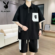 花花公子（PLAYBOY ESTABLISHED 1953）夏季休閑運動套裝男2025新款寬松短袖短褲兩件套翻領T恤 TZ9603黑色 M  90-110斤