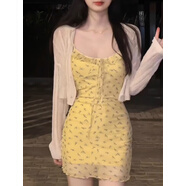 映棠純欲碎花網(wǎng)紗小吊帶連衣裙子夏季新款韓版修身性感包臀裙甜辣短裙 S