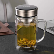 富光 大容量雙層玻璃杯 帶手柄商務男士辦公杯 帶蓋茶杯 黑色 380ml