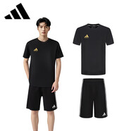 阿迪達(dá)斯短袖套裝夏季運(yùn)動(dòng)吸濕排汗跑步速干短袖短褲兩件套 黑/金 M