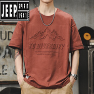 吉普（JEEP）美式復古重磅短袖男寬松大碼半袖T恤夏季潮牌印花加肥加大體恤衫 磚紅色 S 95-115斤