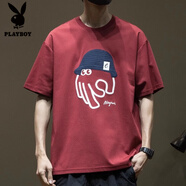 花花公子;PLAYBOY潮牌短袖t恤男紅色2025夏季新款寬松大碼男士半袖體恤衫夏裝衣服 紅色 2XL 【適合160-180斤】