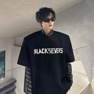 普戈斯（PUGESI）酒紅色立體金屬字母重磅短袖T恤男ins潮牌墊肩可拆裝小眾美式半袖 黑色 M