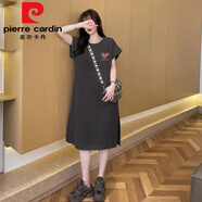 皮爾卡丹（pierre cardin）2025純.棉短袖長(zhǎng)裙寬松休閑過(guò)膝t恤裙簡(jiǎn)約中長(zhǎng)款連衣裙女顯瘦夏季 深灰色【長(zhǎng)/款T恤】純.棉今年流 XL 【建議130-150斤】