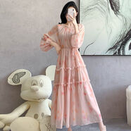 鳶諾2025新款女裝夏季歐美高個子雪紡到腳踝氣質(zhì)超長款拖地長裙連衣裙 粉色 S 【建議85-90斤】