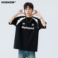 viishow圓領(lǐng)撞色重磅短袖T恤男款夏季美式潮牌球衣休閑半袖體恤 黑色 L