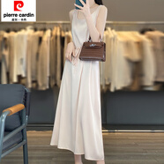皮爾卡丹（pierre cardin）夏季新款醋酸緞面無袖連衣裙女純色腰帶背心裙長裙系帶垂順打底裙 香檳色 M 80-100斤