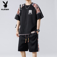 花花公子（PLAYBOY）新中式國風休閑運動套裝男夏季薄款刺繡短袖t恤搭配短褲穿搭一套 TZ067黑色【短褲套裝】 3XL (約160-180斤可穿)